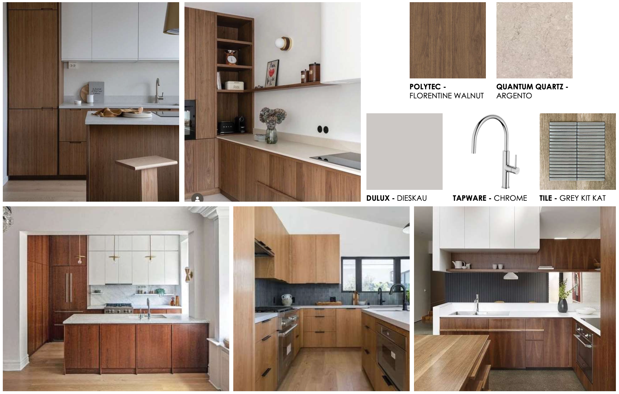 A mood board created by virtual interior designer in Australia, Sara from Neon Revival Studio, showcasing a modern kitchen design with walnut cabinetry, white benchtops, grey kit kat tiles, and chrome tapware, alongside a sample palette of materials and finishes